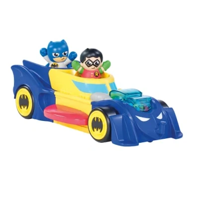 Image of Toomies DC Comics Batman E73262 3 in 1 Vehicle Transforms into Mini Batmobile and Jet, Engine Popping Effect, Flywheel Drive Push Along, from 12 Months