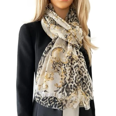 Image of The Accessory Co. Large Leopard Print Scarf for Women, Ladies Animal Scarves, Vintage Bohemian Long Neck Scarf, Designer Shawl Wrap, Mustard Orange Black (Taupe Beige)