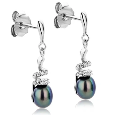 Image of Orovi Black Pearl Earrings, Sterling Silver Dangle Drop Earrings with Cubic Zirconia (Jewellery Set)