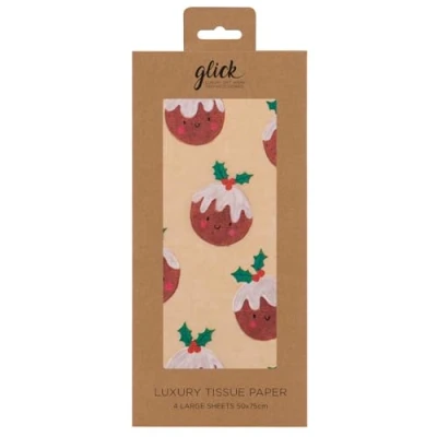 Image of Glick Four Sheets Tissue Paper, Jolly Puds Christmas for Wrapping and Arts Crafts, Multi Colour, Pudding