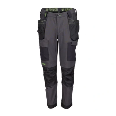 Image of Apache Mens Work Trousers Calgary Slim Fit Black and Grey UK Size 34W 29L 4 Way Stretch Fabric Cordura Holster Pockets All Day Comfort