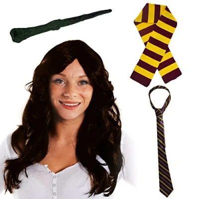 Image of ADULTS SCHOOL GIRL WIZARD ACCESSORY SET WITH BROWN WIG , BRANCH WAND AND MAROON/GOLD TIE SCARF PERFECT FOR BOOK WEEK WORLD DAY OR ANY FANCY DRESS PARTY