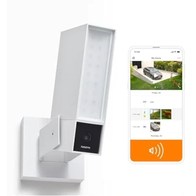 Image of Netatmo Smart Outdoor Surveillance Camera with 105dB Alarm, Wi Fi, Built In Lighting, Motion Detection, Night Vision, No Subscription, White, NOC S W UK