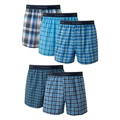 Image of Hanes Ultimate Men&#039;s Woven Boxers Pack, Moisture Wicking Plaid Boxers, Cotton Blend Multipack (Colors May Vary), 5 Pack Assorted, Large