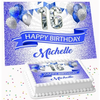 Image of BLUE GLITTER BIRTHDAY PARTY PERSONALISED ICING EDIBLE COSTCO CAKE TOPPER DECORATION R2 430