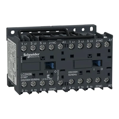 Image of Reversing contactor, Schneider Electric TeSys K, 3P, AC 3 440V 6A, 1NC, 24V coil, screw clamp terminals,LC2K0601B7