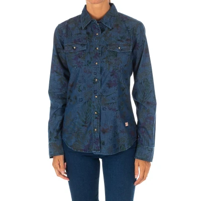 Image of Met Womens Long Sleeve Texan Shirt with lapel collar 10DCL0058 woman Blue Cotton Size Small