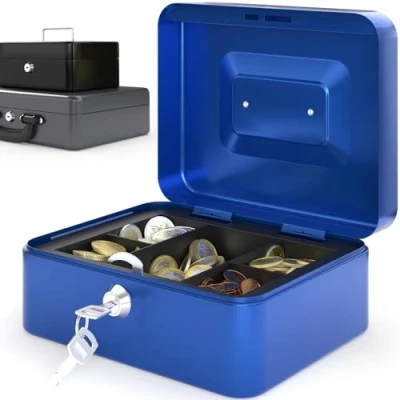 Image of ACROPAQ 10041 Lockable Cash Box with Coin Counting Board, Small 16 x 20 9 cm, Box, Money Suitable for Storage, Blue