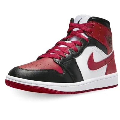 Image of Jordan AIR 1 MID Hightop trainers, Women&#039;s, Size: 8, Black/gym red/white leather and imitation