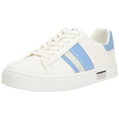 Image of Armani Exchange Women&#039;s Mina Cup Sole, Back Tab Metal Logo Detail On Side Sneaker, Off White Blue, 6 UK