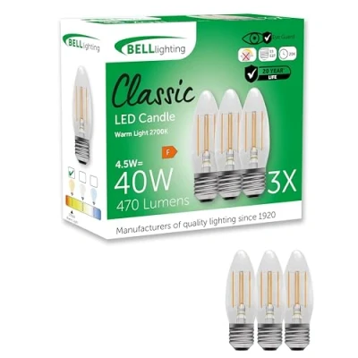 Image of Bell Lighting E27 Edison Screw Cap Filament Light Bulb LED Candle 3 Pack Warm White 2700K 470 Lumen 4.5W Energy Saving 40W Halogen Lamp Equivalent Non Dimmable