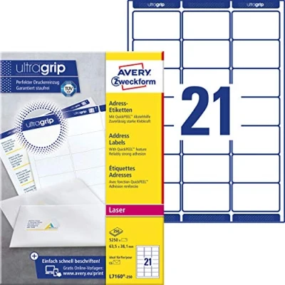 Image of Avery Zweckform L7160 250 Addressing Labels 63.5 x 38.1 mm Sheets