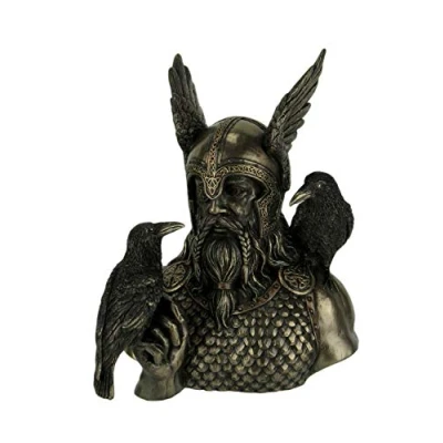 Image of Veronese Design Norse God Odin in Winged Helm with Ravens Statue
