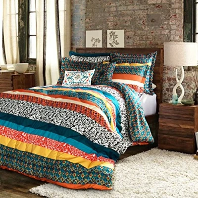 Image of Lush Decor Comforter Bedding Colorful Pattern Bohemian Style Reversible 7 Piece Set, Polyester, Turquoise &amp; Tangerine, Full/Queen