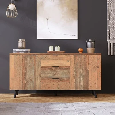 Image of Merax Sideboard,Side Cabinet,Kitchen Cabinet,Storage Cabinet,TV Cabinet with Adjustable Shelves Vertical Three Drawers for Living Room Dining Bedroom 140 x 35 70 CM Vintage Brown