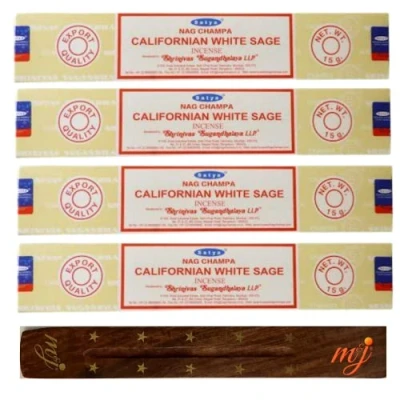 Image of Original Satya Nag Champa Californian White Sage incense sticks with M&amp;J holder x4 pack for Aromatherapy, Spa, Yoga, Weddings, Meditation, Healing, Positivity and Relaxation