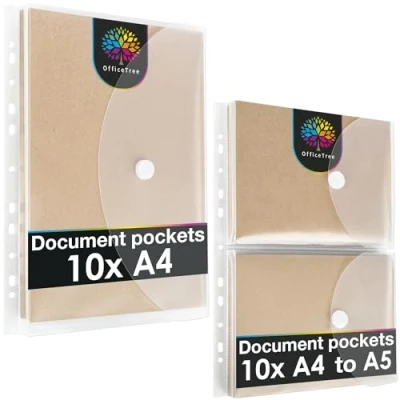 Image of OfficeTree 20 x Document Folder with 160 Hole Reinforcer 10 A4 Plastic Folders &amp; A5 Clear Pockets Fastener and Filing Edge