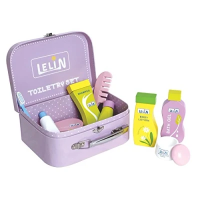 Image of Lelin Wooden Toiletry Set Childrens Pretend Play Bathroom Travel Accessory
