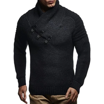 Image of Leif Nelson Men&#039;s Pullover Knit Sweater Chunky Shawl Collar LN 5225 Anthracite Black X Large
