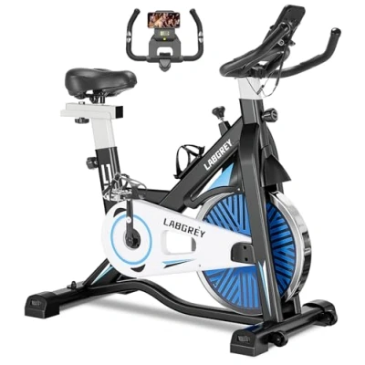 Image of LABGREY Exercise Bike Indoor Cycling Stationary Cycle with Heart Rate Sensor &amp; Comfortable Seat Cushion, Quiet Fitness for Home Cardio Workout (Silver Bike)