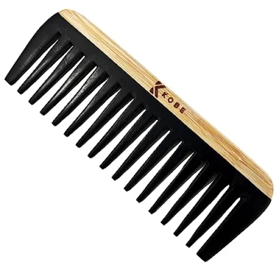 Image of Kobe Pro Wood Handled Detangling Comb Gentle Plastic Bristles Professional Hair Styling and Tool All Types Compact, Travel Friendly