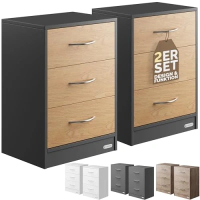 Image of CASARIA® 2x Eloise 3 Drawer Bedside Table Chest Of Drawers Cable Routing Hole Wall Mounting Option Bedroom Nightstand 54x39x28cm Anthracite/Oak Effect