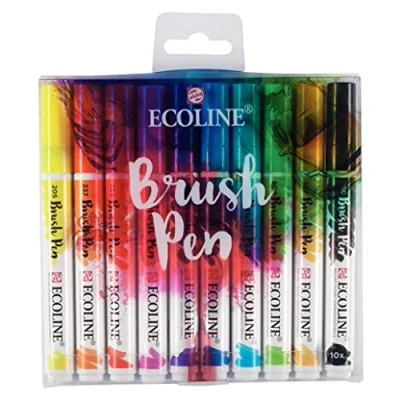 Image of Ecoline Brush Pen Set of 10 Liquid Watercolor Pens Basic Colors Blendable Markers for Hand Lettering, Drawing, &amp; Crafts