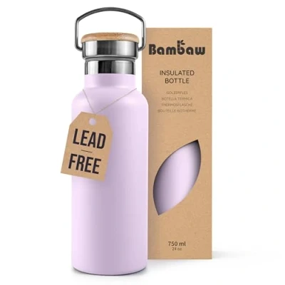 Image of Bambaw Insulated Water Bottle 750ml, Purple Bottle, Stainless Steel Leakproof Non Plastic 750ml Lavander Haze