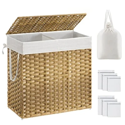 Image of SONGMICS Laundry Basket with Lid, 130L Washing 2 Compartments, Removable Liners Handles, Handwoven Synthetic Rattan, for Bedroom, Bathroom, Room, 33 x 66 60 cm, Natural LCB253N01