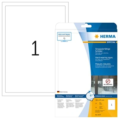 Image of HERMA Self Adhesive Film Labels, 1 Label per A4 Sheet, 25 Sheets, 190 x 275 mm, Blank Weatherproof Labels Stickers, Sticky for Laser &amp; Inkjet Printer, White