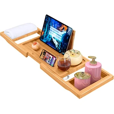 Image of ADOV Bath Tray, Extendable Luxury Bamboo Wooden Bathtub Caddy with Integrated Holder for Book, Phone, Tablet, Candle, Soap, Towel, Wine Glass, Adjustable Over Tub Rack Bridge Fits Most Sizes