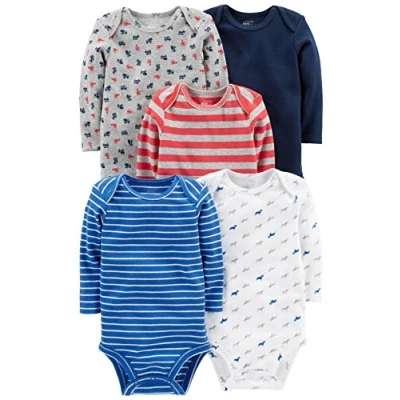 Image of Simple Joys by Carter&#039;s Baby Long Sleeve Bodysuit Pack of 5, Blue/Grey Trucks/Red Stripes, 0 3 Months