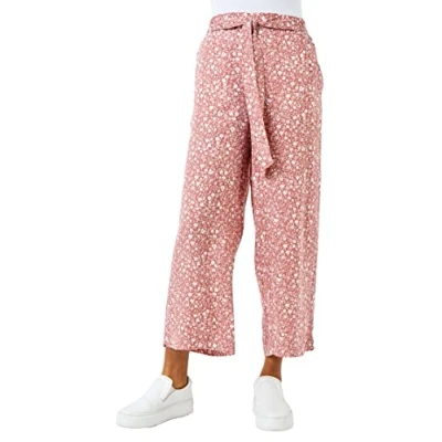 Image of Roman Originals Culotte Trousers for Women UK Ladies Wide Leg Cropped Pants Tie Detail Bottoms Vintage Retro Smart Flared Slimming High Waist 1940s Party Regular Rust Size 18