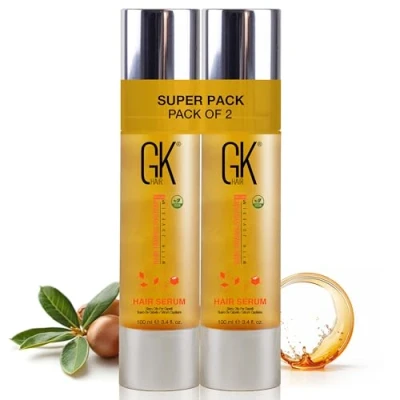Image of GK Hair Pack of 2 Keratin Travel Size Anti Frizz Serum Vegan Organic Argan Oil Smoothing Strengthening Treatment Hydrating Nourishing Heat Protection Shine Repair for Dry Damaged 200ml