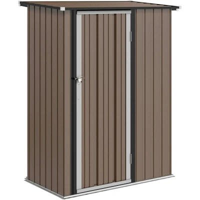Image of Outsunny 5ft x 3ft Metal Garden Storage Shed, Outdoor Tool Shed with Sloped Roof, Lockable Door for Tools, Equipment, Brown