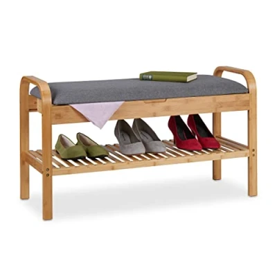 Image of Relaxdays Shoe Bench, 4 Pairs, HxWxD 50x90x33 cm, Soft Seat with Storage Space, Bamboo Rack, Wood/Grey