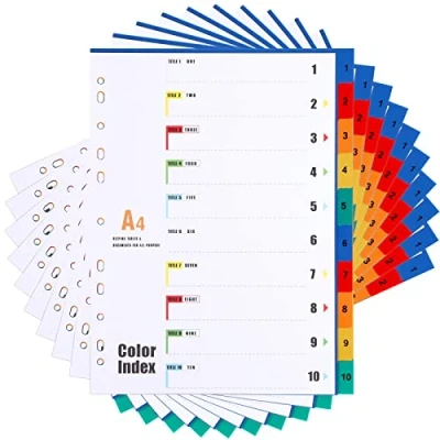 Image of A4 Index File Dividers 10 Part (10 Pack) Plastic Subject 11 Hole Punched Reinforced Multi Colour Numbered 1 Tabs for Office School Home