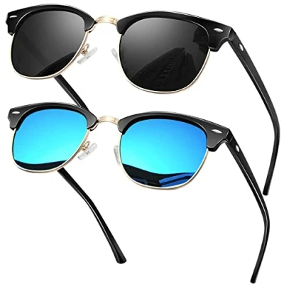 Image of KANASTAL 2 Pairs Blue Sunglasses Polarised Mens Semi Rimless Womens Retro Horn rimmed UV400 Protection Half Frame Mirrored + Shiny Black Lens