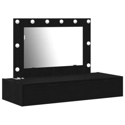 Image of vidaXL Black Oak MDF Vanity Table LED Lights &amp; Mirror Bedroom Makeup Furniture 100x40x70cm