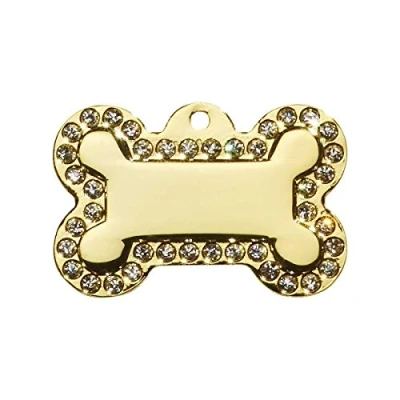 Image of Surrey Feed Large GOLD DIAMANTE BONE. Engraved Dog/Pet ID NAME Tag. Diamante/Glamour/Bling/Fashion. PLEASE EMAIL US ENGRAVING DETAILS WHEN PLACING YOUR ORDER.