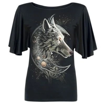 Image of Spiral Celtic Wolf Boat Neck Bat Sleeve Top Black XL