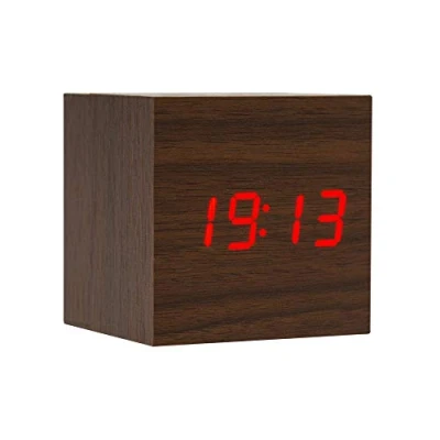 Image of Lancoon Wooden Alarm Clock Mini Cube LED Digital with Time/Date/Temperature Display, 3 Levels Brightness and Voice Control Great for Home Office Travel AC10Brown_Red