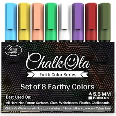Image of Chalk Pens Pack of 8 Earth Colour Markers Use on Whiteboard, Chalkboard, Window, Blackboard, Bistros Glass 6mm Reversible Bullet &amp; Chisel Tip