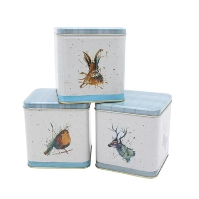 Image of HIGHLAND WILDLIFE KITCHEN CANISTERS Katherine Williams Design Set of 3 Tea, Coffee, Sugar tins