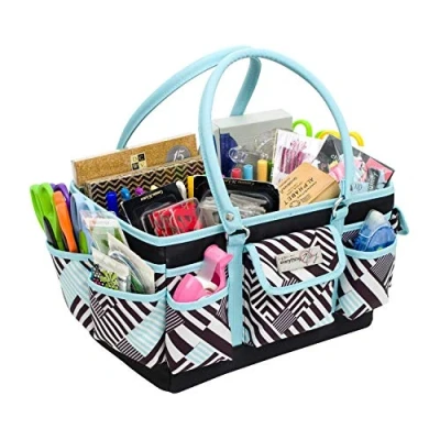 Image of Everything Mary Teal Geometric Deluxe Store and Tote Storage Craft Bag Organizer for Crafts, Sewing, Paper, Art, Desk, Canvas, Supplies Organization with Handles Travel