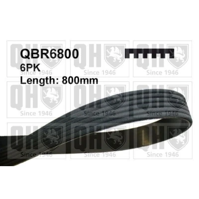 Image of 30637504, 31251775 V ribbed belt QUINTON HAZELL QBR6800 800mm 6 PEUGEOT: 208 I Hatchback, 2008 Estate, 207 FORD: FOCUS 2, 3, FIESTA