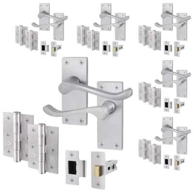 Image of EAI Satin Victorian Scroll Door Handle Latch Set 6 Pairs of Chrome Internal Lever Handles on Backplate with Hinges (76mm) &amp; (64mm)