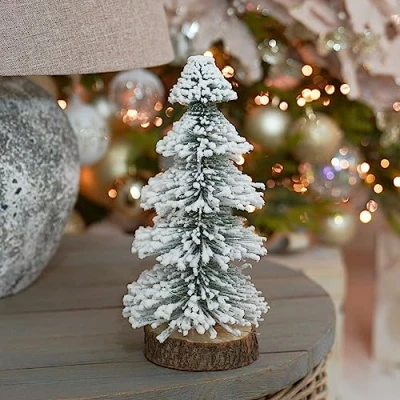 Image of Festive Lights 31cm Battery Powered Snow Needle Christmas Tree with Rustic Log Base Decoration
