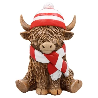 Image of Happy Highland Cow Ornament Red &amp; White Scarf Hat for Manchester United Gloucester Rugby Fans, Durable Resin, Gift Ready with Protective Base, 12cm Collectible Decor