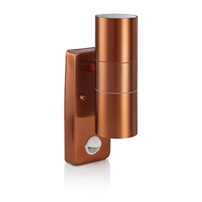 Image of Auraglow PIR Motion Sensor Stainless Steel Security Lamp Up &amp; Down Outdoor Wall Light Warm White Copper Finish